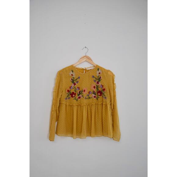 Zara Mustard Yellow Embroidered Long Sleeve Blouse Size Medium - Picture 1 of 7